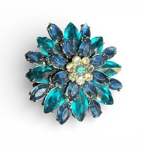Vintage Blue & Teal Rhinestone Flower Brooch Silver Tone Layered Floral Pin